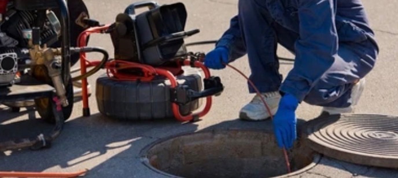 A drain machine and hose reel set up on the street beside an open sewer main