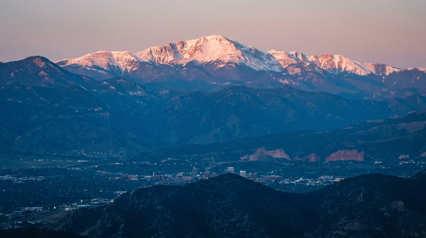 Pikes Peak and the Colorado Springs front range at blue hour