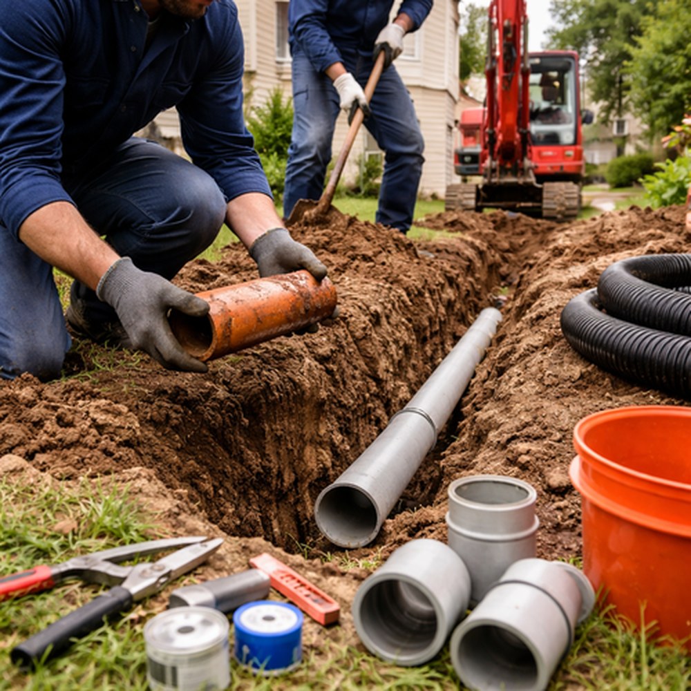 An open trench in a front yard with a section of old clay sewer pipe removed and new pipe and couplings ready to go in