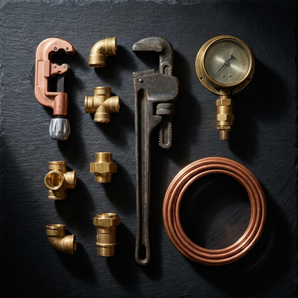 Precision plumbing tools — copper pipe cutter, brass fittings and a pressure gauge on dark slate